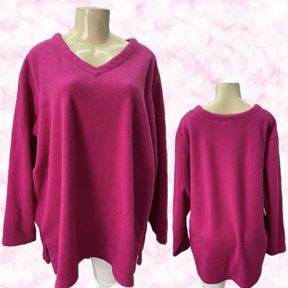 Just My Size 22W/24W Fuchsia Pink V-Neckline Fleece Relaxed Fit Long Sleeve Top